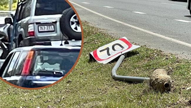 The crash scene and (inset) the damaged car being transported from the site.