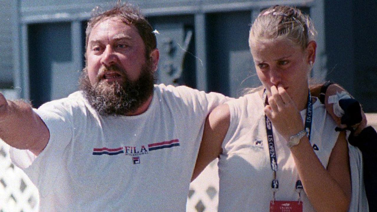 Upset player Jelena Dokic with her father Damir after he got into a dispute with officials during the US Open at Flushing Meadows in New York. Picture: Charles Fowler.