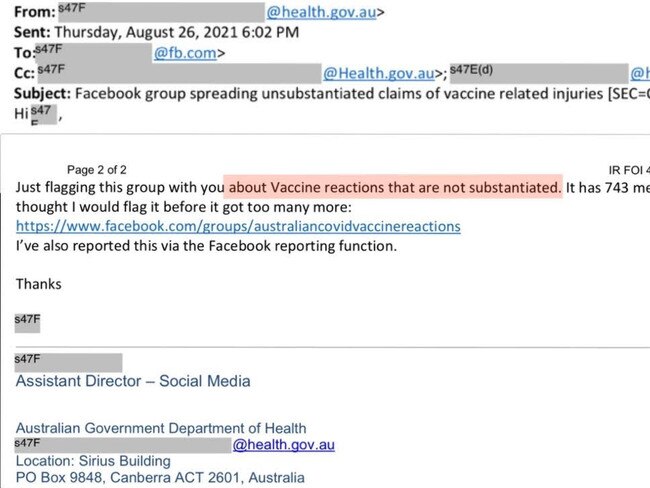 Health Department officials also wanted to censor a Facebook group of the medical stories of people with Covid vaccination reactions. Photo: Supplied