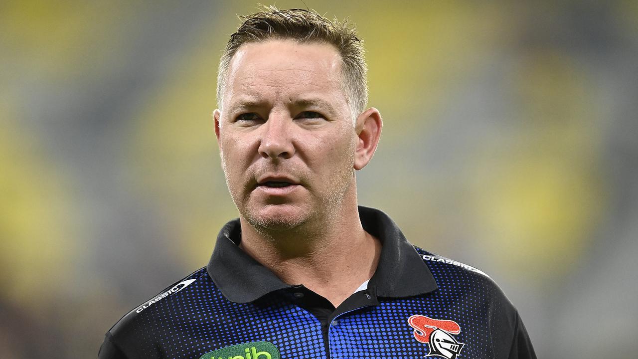 TOWNSVILLE, AUSTRALIA - APRIL 22: Newcastle coach Adam O'Brien looks on before the start of the round eight NRL match between North Queensland Cowboys and Newcastle Knights at Qld Country Bank Stadium on April 22, 2023 in Townsville, Australia. (Photo by Ian Hitchcock/Getty Images)