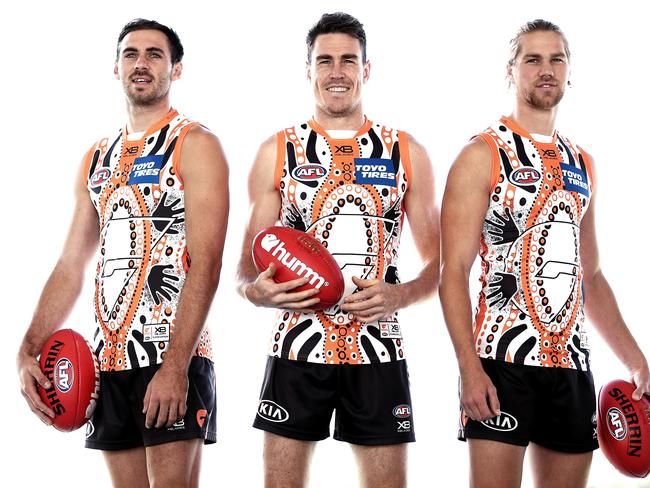 The new look Giants forward line with their three pronged attack sees them sitting 3rd on the AFL ladder. Jeremy Finlayson, Jeremy Cameron and Harry Himmelberg. Picture. Phil Hillyard