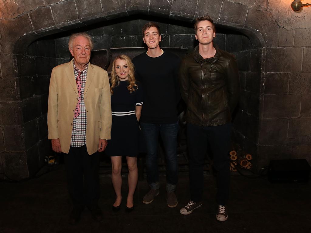 Michael Gambon with Harry Potter co-stars, Evanna Lynch, Oliver Phelps and James Phelps. Picture: Getty Images