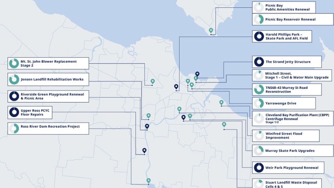 A map of the capital projects that are underway in the Townsville Local Government Area.