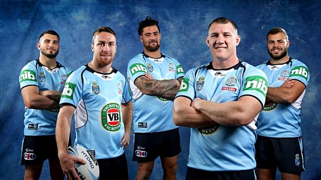 The Cronulla Sharks contingent in the NSW Blues Origin team Jack Bird ,James Maloney ,Andrew Fifita ,Paul Gallen and Wade Graham .Picture : Gregg Porteous