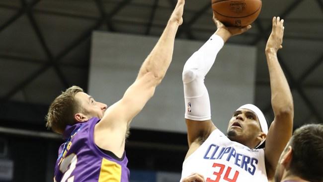 Tobias Harris #34 of the Los Angeles Clippers shoots over David Wear #12 of the Sydney Kings. Picture: Getty Images