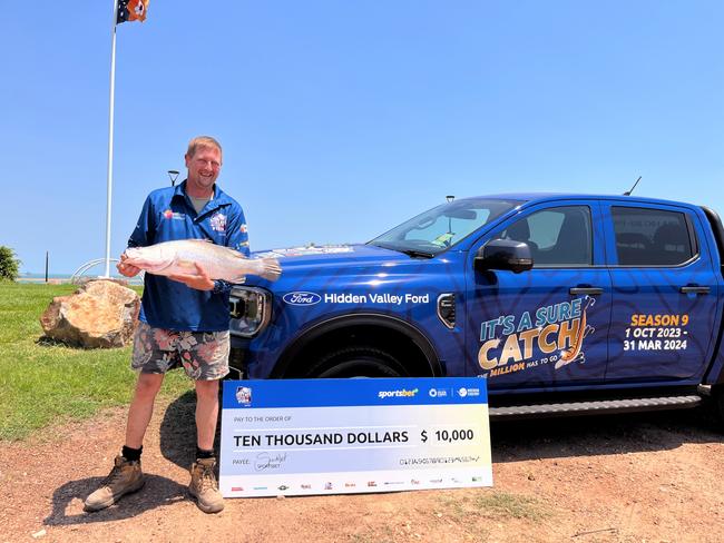 Andrew Russell caught a $10,000 fish at Woods Inlet, five kilometres away from where it was released at Cullen Bay, as part of the Million Dollar Fish season nine. Picture: Supplied