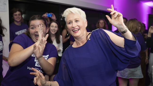 Independent candidate, Dr Kerryn Phelps dances and celebrates her likely victory in the seat of Wentworth on Saturday. Picture: Getty Images