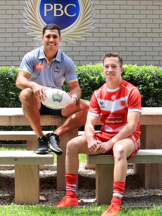 3rd November 2020, Palm Beach Currumbin High School, Gold Coast Titans announce a formal partnership with PBC High School. Gold Coast Titans player Jamal Fogarty with PBC student Tom Weaver Photo: Scott Powick