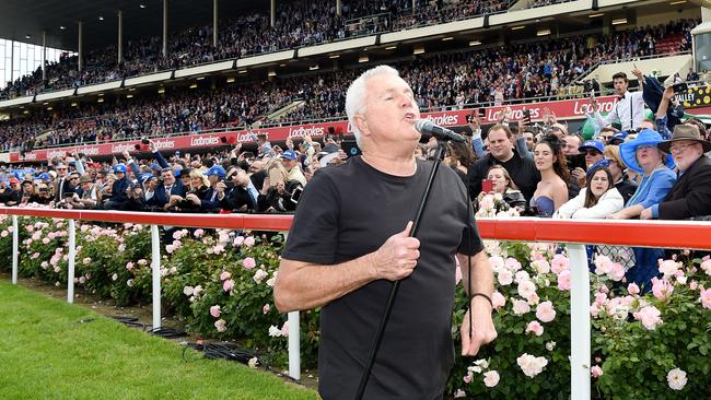 Daryl Braithwaite sings to the crowd before the Cox Plate last year. He will be performing at the Hobart Cup this weekend. Picture: NICOLE GARMSTON