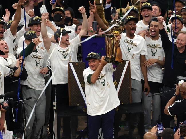 Milwaukee Bucks co-owner Mark Lasry was handed the trophy before the players who took to the court. (Photo by Jonathan Daniel/Getty Images)
