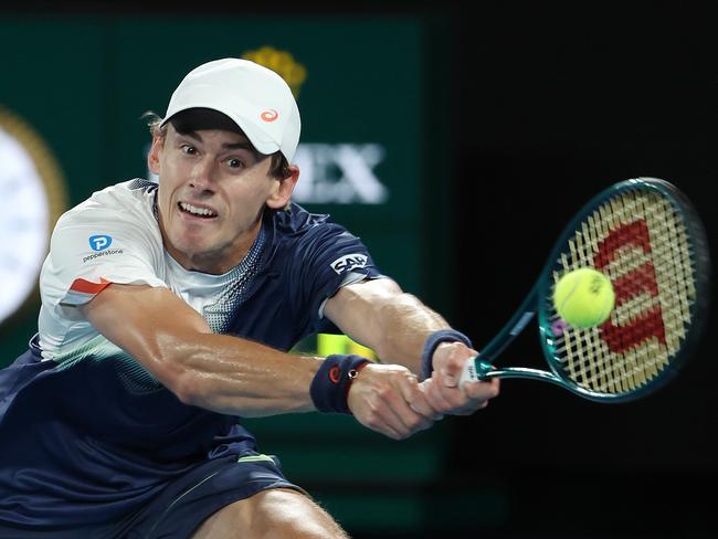 MELBOURNE, JANUARY 20, 2025: 2025 Australian Open Tennis, day nine. Alex de Minaur (AUS) in action against Alex Michelsen (USA) during their fourth round singles match on Rod Laver Arena. Picture: Mark Stewart