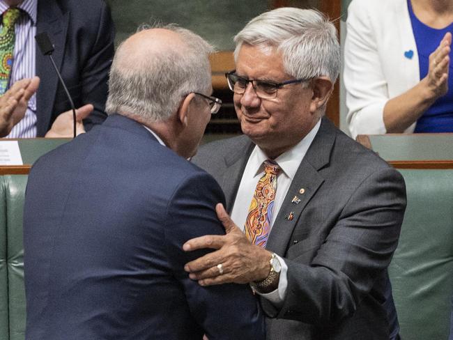 Ken Wyatt made the first move to shake the hand of the the Prime Minister after he gave his Closing the GapÑReport 2020 speech. The The Prime Minister appeared to sit down straight away without acknowledging Ken Wyatt.Prime Minister Scott Morrison with Ken Wyatt sitting behind him during his Ministerial Statement on Closing the GapÑReport 2020. Picture Gary Ramage