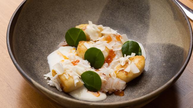 Poached Bay lobster, gnocchi, macadamia milk, bisque oil. Picture: David Kelly