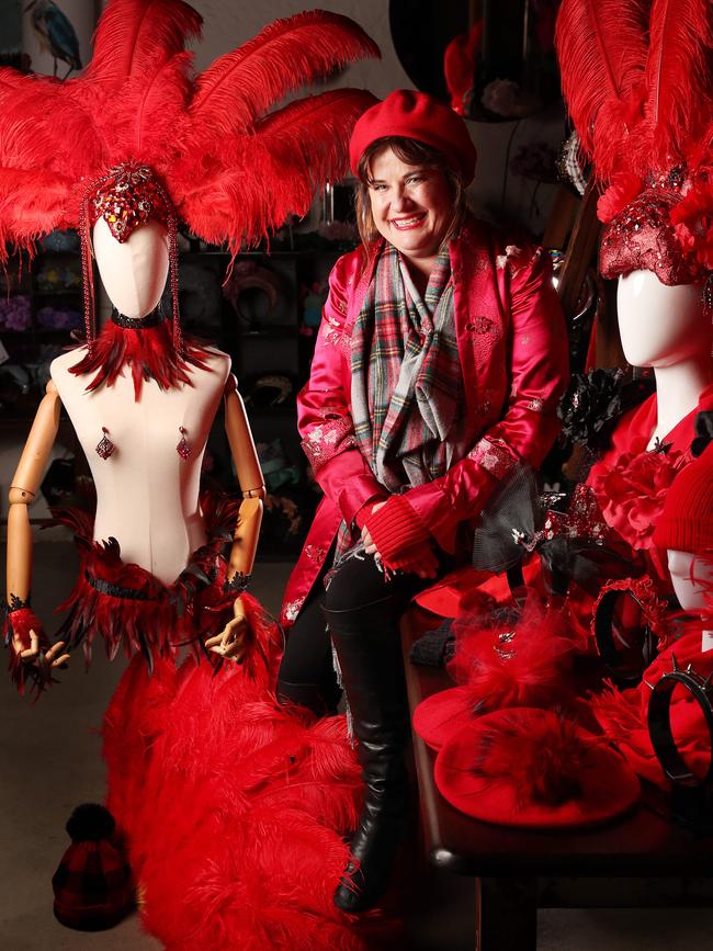 Haidee Neill at Miss Haidee Millinery with custom-made headpieces in red for Dark Mofo. Miss Haidee Millinery in Salamanca have decked out the shop with a red theme ahead of Dark Mofo 2022. Picture: Nikki Davis-Jones