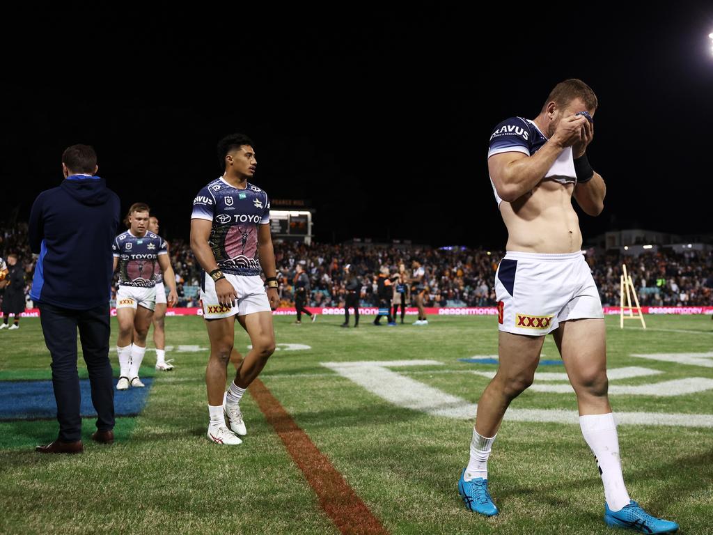 Coen Hess leaving the field after the 66-18 defeat. Picture: Getty Images