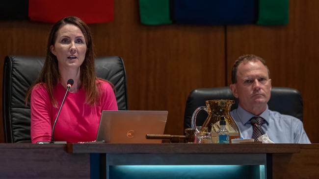 Cairns Regional Council Mayor Amy Eden and CEO John Andrejic during the ordinary Council meeting on June 5th. Picture Emily Barker.