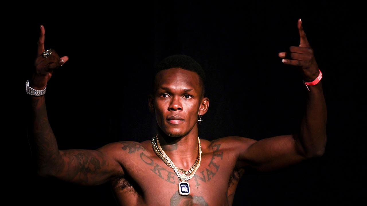 HOUSTON, TEXAS - FEBRUARY 11: Israel Adesanya of Nigeria weighs in prior to UFC 271 at Toyota Center on February 11, 2022 in Houston, Texas. (Photo by Carmen Mandato/Getty Images)