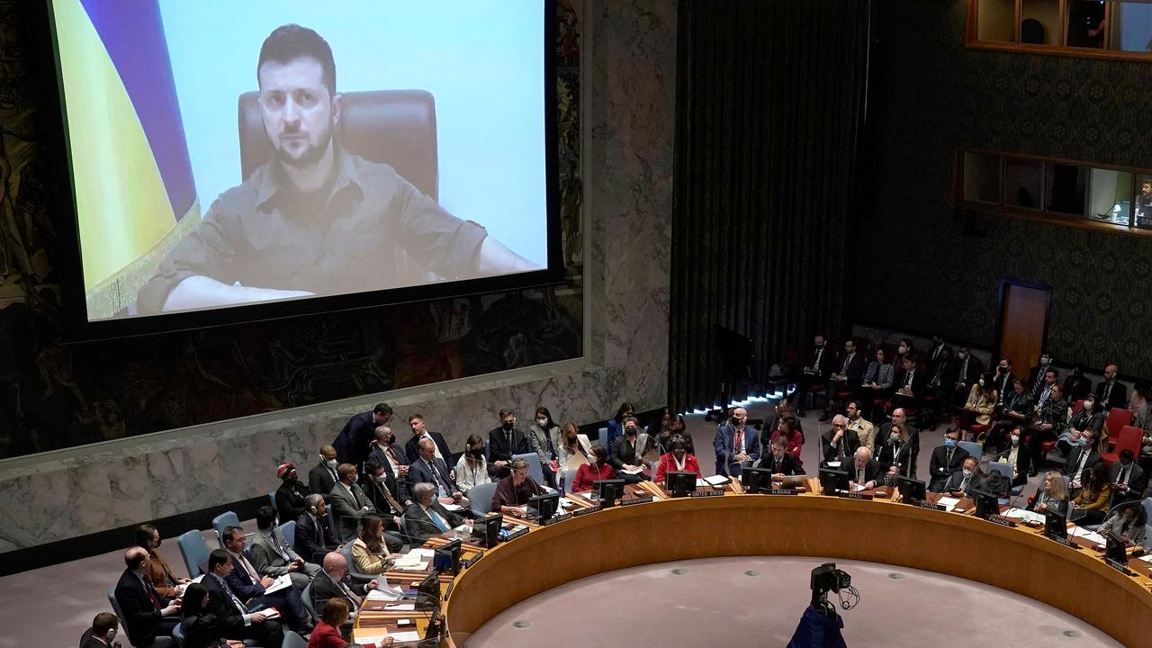 President Volodymyr Zelensky, of Ukraine, addresses a meeting of the United Nations Security Council (Photo by TIMOTHY A. CLARY / AFP)