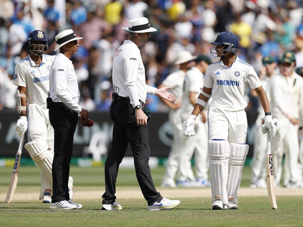 Yashasvi Jaiswal clashed with the umpires after being dismissed via DRS challenge off the delivery from Pat Cummins. Picture: Getty Images