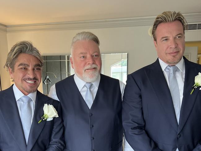 John Ibrahim, Kyle Sandilands and Simon Main at the hotel before the wedding.