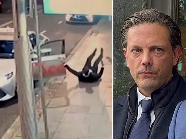 CCTV footage, left, shows Mirvac executive Brett Henson, right, falling over on to his back after having an altercation with a Sydney taxi driver. Pictures: NCA NewsWire