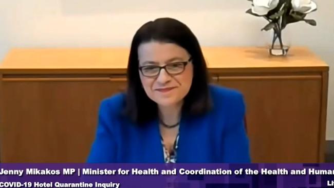 Victoria’s Health Minister Jenny Mikakos appears remotely at the hotel quarantine inquiry. Picture: Supplied