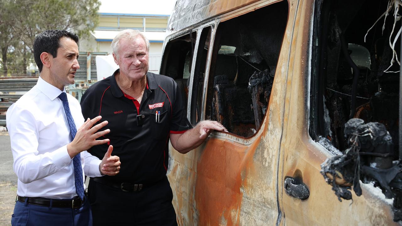 Leader of the Opposition David Crisafulli talking with victim of crime and business owner Warren West, Network Car and Truck Rentals, Bundaberg. Picture: Liam Kidston.