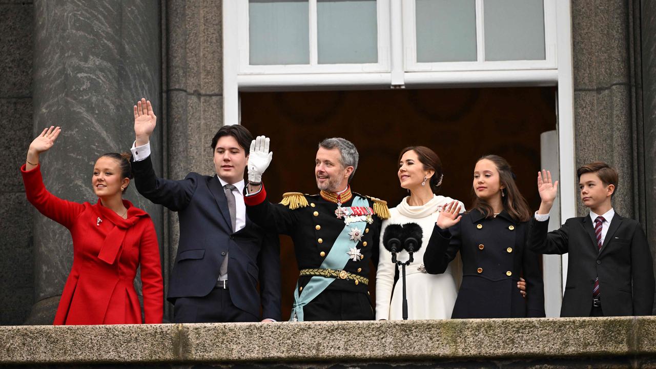 (L-R) Princess Isabella of Denmark, Prince Christian of Denmark, King Frederik X of Denmark, Queen Mary of Denmark, Princess Josephine of Denmark and Prince Vincent of Denmark wave to the crowd after a declaration of the King's accession to the throne, from the balcony of Christiansborg Palace in Copenhagen, Denmark. Picture: AFP