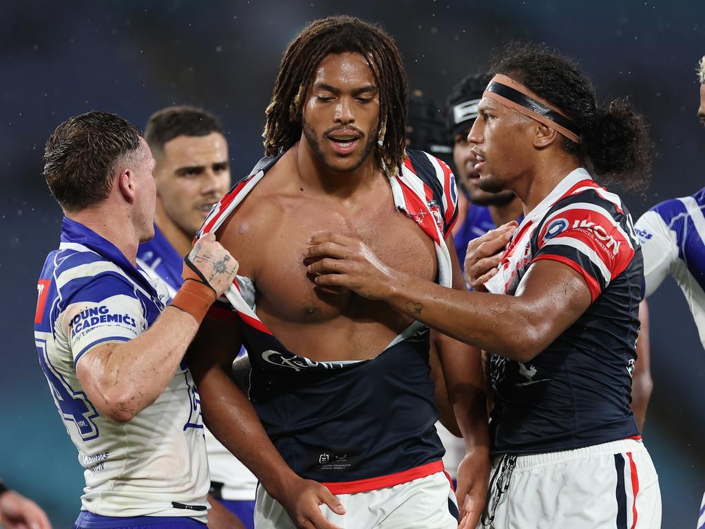 SYDNEY, AUSTRALIA - APRIL 05: Dominic Young of the Roosters is seen with his jersey ripped during the round five NRL match between Canterbury Bulldogs and Sydney Roosters at Accor Stadium on April 05, 2024, in Sydney, Australia. (Photo by Cameron Spencer/Getty Images)