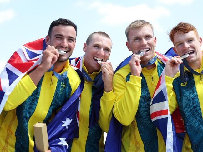 Riley Fitzsimmons, Pierre van der Westhuyzen, Jackson Collins and Noah Havard with their silver medals. Picture: Justin Setterfield/Getty Images