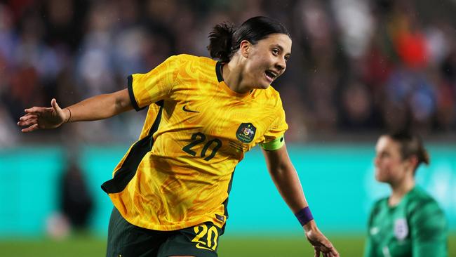 Matildas captain Sam Kerr celebrates scoring a goal. Picture: Getty Images