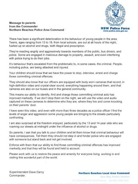 He sent this letter out to parents in the Northern Beaches.