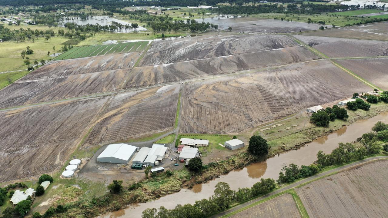 Aerial shot of the Campsey Ash Farms packing facility and erosion damage after the February and March 2022 floods in the Lockyer Valley.