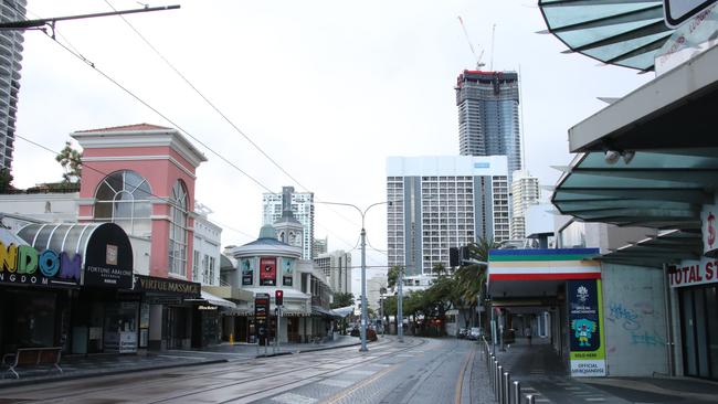 An eerily quiet Surfers Paradise wakes up to its first day in lockdown due to the latest CoVid-19 scare. Picture Glenn Hampson