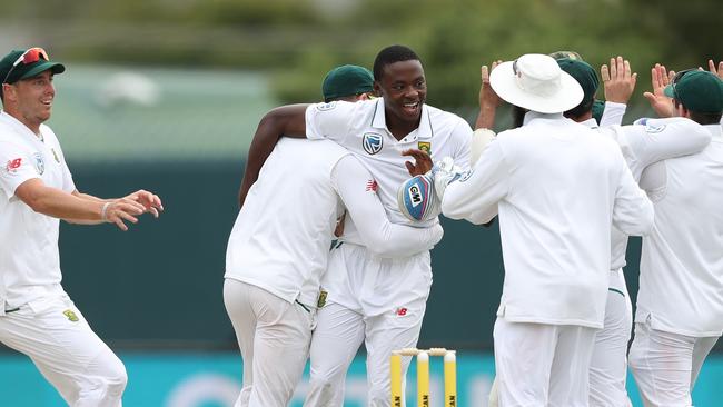 Kagiso Rabada claims the wicket of Callum Ferguson and the Australians are very happy.