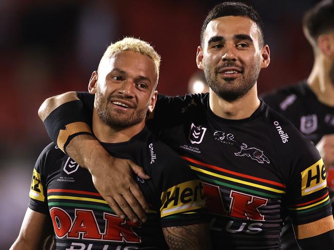 SYDNEY, AUSTRALIA - OCTOBER 02:  Apisai Koroisau of the Panthers and Tyrone May of the Panthers celebrate after winning the NRL Qualifying Final match between the Penrith Panthers and the Sydney Roosters at Panthers Stadium on October 02, 2020 in Sydney, Australia. (Photo by Cameron Spencer/Getty Images)