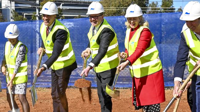 Premier Peter Malinauskas MP ,Lucy Hood MP  and Chris Picton MP South Australian Minister for Health and Wellbeing  with representatives from the W& CH turn the first sod marking the start of first stage construction works on the New Women's and Children's Hospital.Tuesday,April,30.2024.Picture Mark Brake