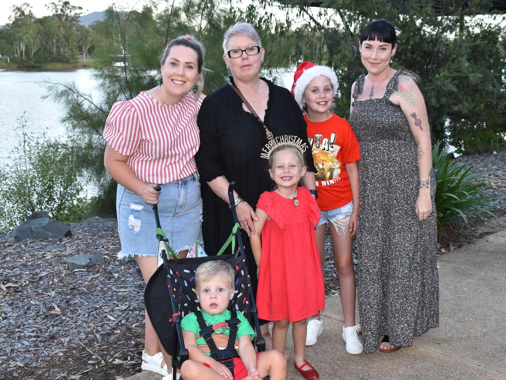 Tarasa Sturgess, Audrey Brady, Laurel Sturgess, Petrina Brady, Frederick Brady and Penelope Brady at the CBD Christmas Fair in Rockhampton on December 3, 2022.