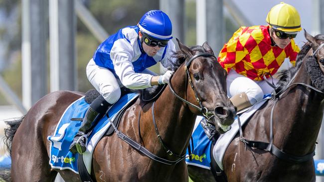 Bakeel, ridden by Manoel Nunes, winning at Morphettville last start. Picture: Makoto Kaneko