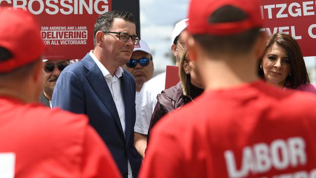 Victorian Premier Daniel Andrews with Labor Party supporters wearing red shirts at Deer Park train station in 2018. Picture: Julian Smith