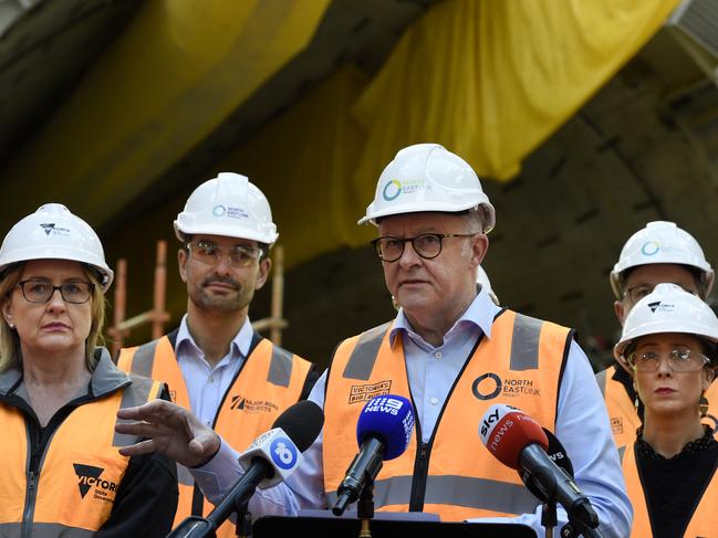 Prime Minister Anthony Albanese speaks at a press conference with Victorian Premier Jacinta Allan after touring the North East project in Melbourne. Picture: Andrew Henshaw