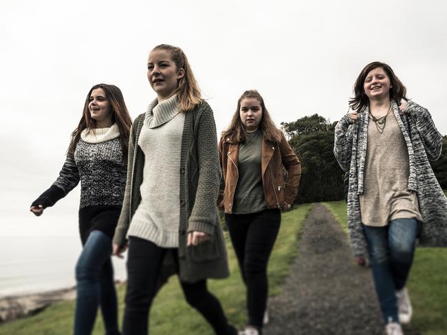 L-R - Ella Ralston, Emily Shires,  Rennikah Edwards,  Angel Beltane. Big hART welcomes the announcement of State Government funding support for Project O, our inspiring initiative for young women which began in 2015. Must Credit : Heath Holden