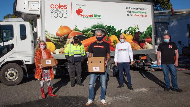 Left to Right: Rosanna Barbero, CEO of Addi Road Community Organisation; Coles driver Michael; Craig Foster; Julian Martin, chairperson of SecondBite; and Damien Moore, food pantry manager. Picture: Chris Pavlich Photography