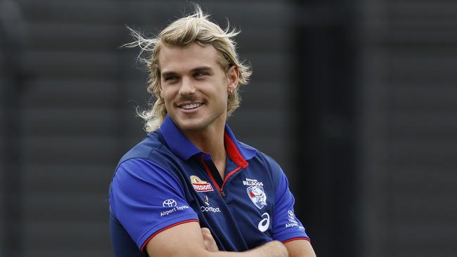 MELBOURNE , AUSTRALIA. February 23 , 2024.  AFL. Western Bulldogs vs Hawthorn at Whitten Oval.   Injured Bulldog Bailey Smith watches on     . Pic: Michael Klein