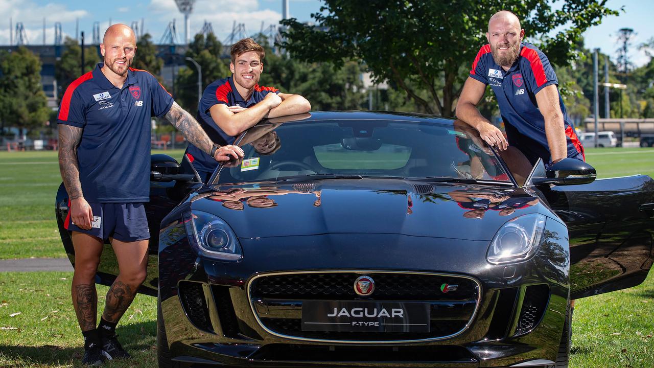 Demons stars Nathan Jones, Jack Viney and Max Gawn at the announcement of Melbourne’s new sponsorship deal with Jaguar at Gosch’s Paddock. Picture: Sarah Matray