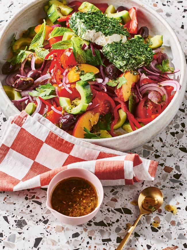 This salad has a bit of everything but is inspired by traditional Greek salads.