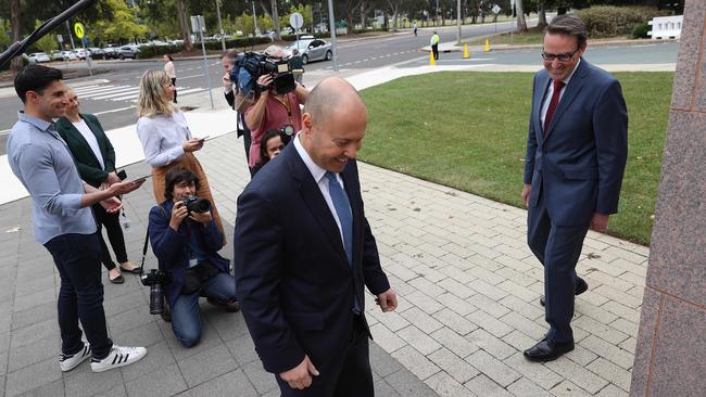 The one thing we can say for sure is that if you can get any ­access to the pension – even the ­tiniest amount – it opens the gateway to recurring financial benefits. Above, Treasurer Josh Frydenberg with Treasury secretary Steven Kennedy five days before the budget. Picture: NCA NewsWire / Gary Ramage