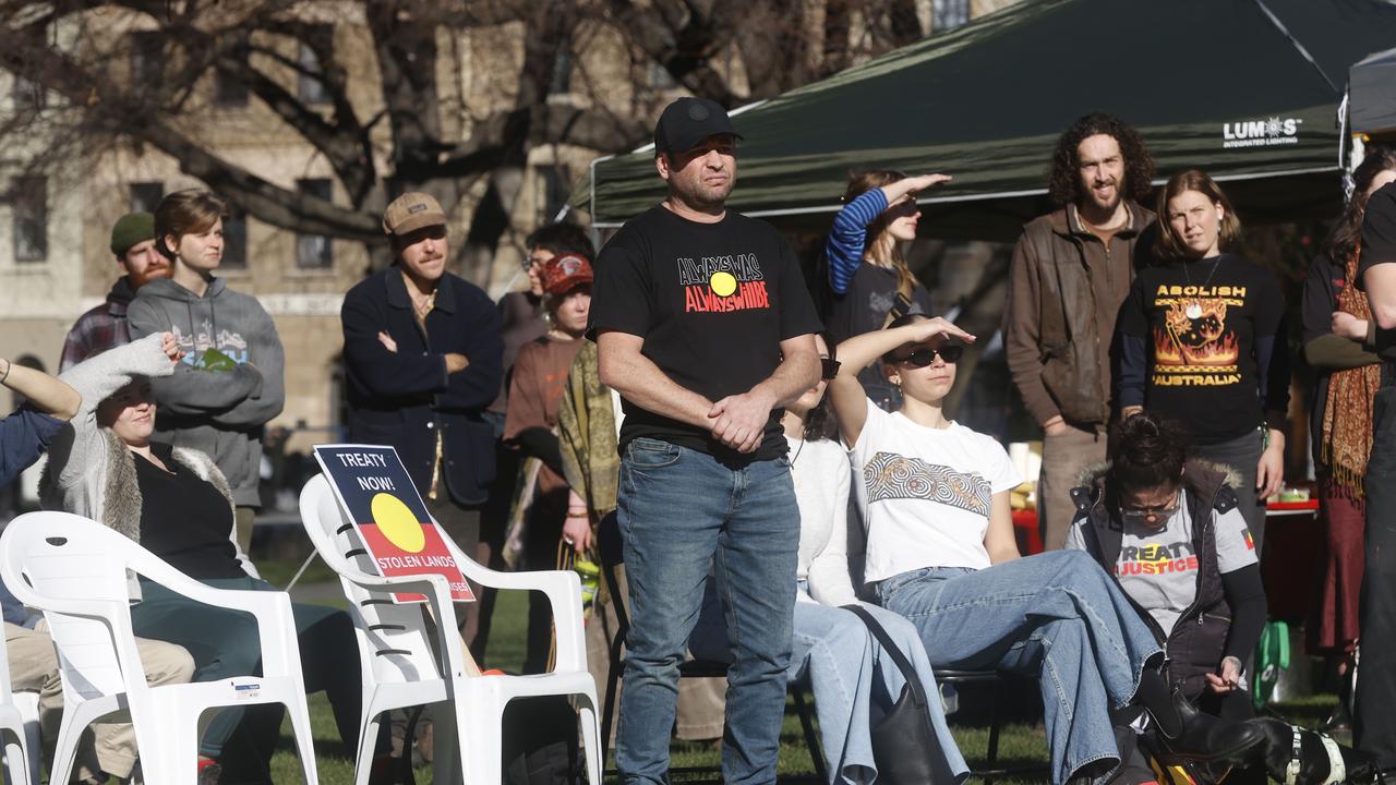 Supporter gathered on Parliament House lawns Hobart to assert their sovereign rights over their lands and demand a treaty. Picture: Nikki Davis-Jones