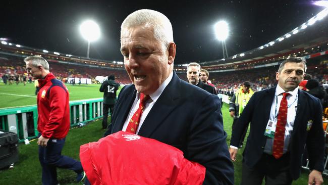 Warren Gatland, the Lions coach, celebrates after his team’s victory at Westpac Stadium.