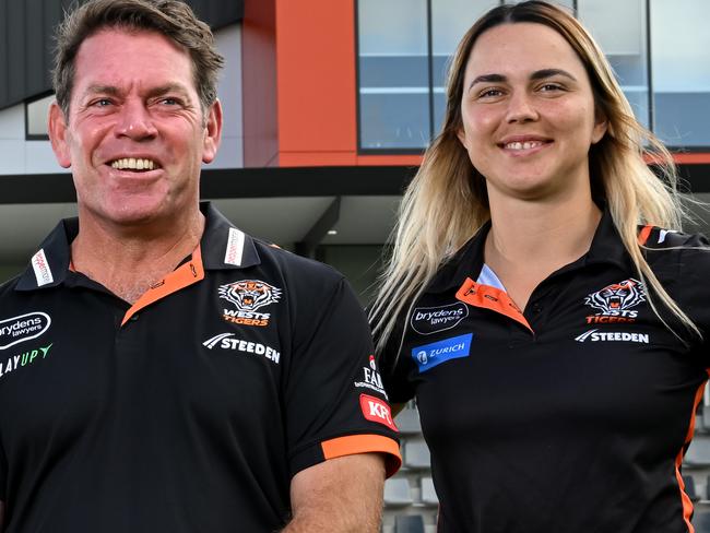 Sarah Togatuki, Kezie Apps, Brett Kimmorley (coach) and Botille Vette-Welsh will feature for the Wests Tigers NRLW side this year. Credit: NRL Images.